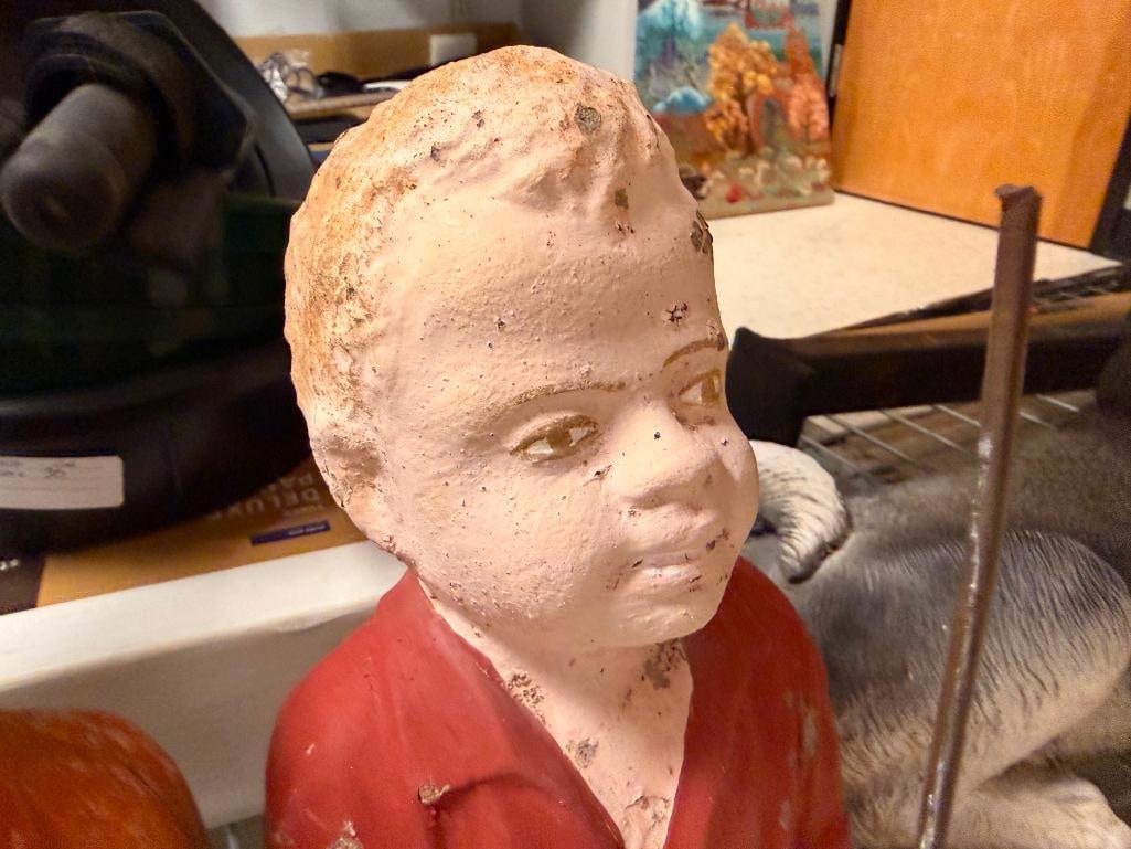 TWO HANDPAINTED SITTING FISHING BOY CEMENT YARD ART SCULPTURES - 7