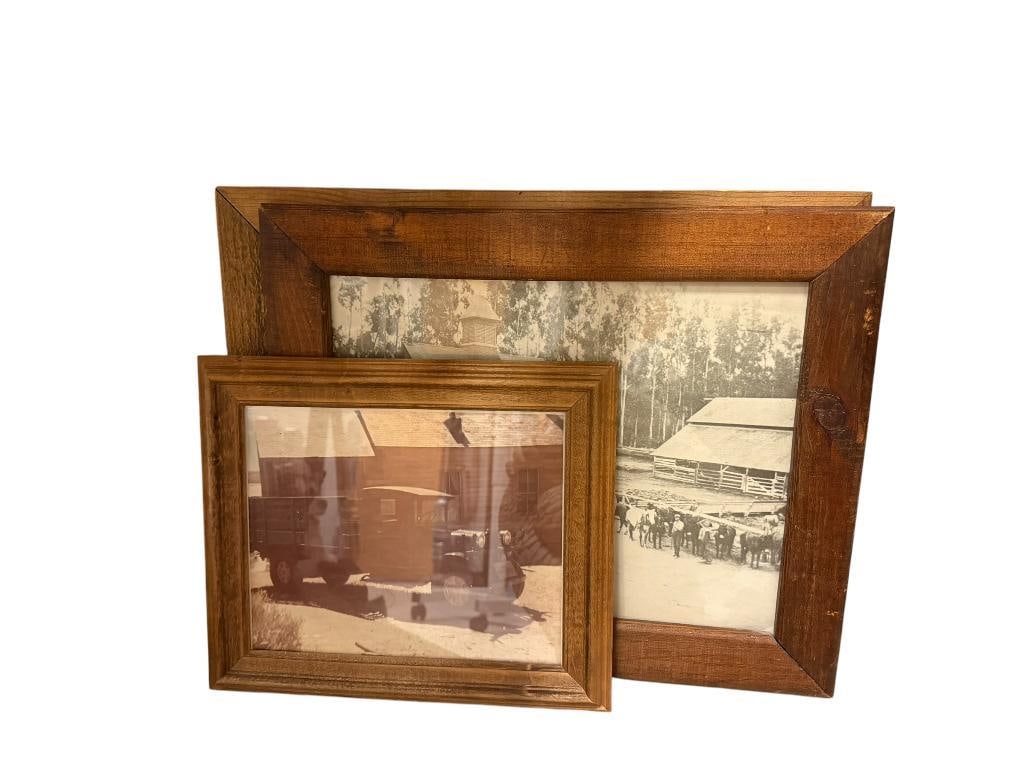 TWO SEPIA TONED PHOTOGRAPH PRINTS AND ONE ORIGINAL PENCIL DRAWING SIGNED BY ARTIST M. GAFFNEY: INCLUDES FARM SCENE WITH HORSE DRAWN WAGON, FORD MODEL AA STAKE TRUCK, AND DRAWING IS OF COUNTRSIDE HOME, ALL IN WOOD FRAMES LARGEST IS 19" X 15"