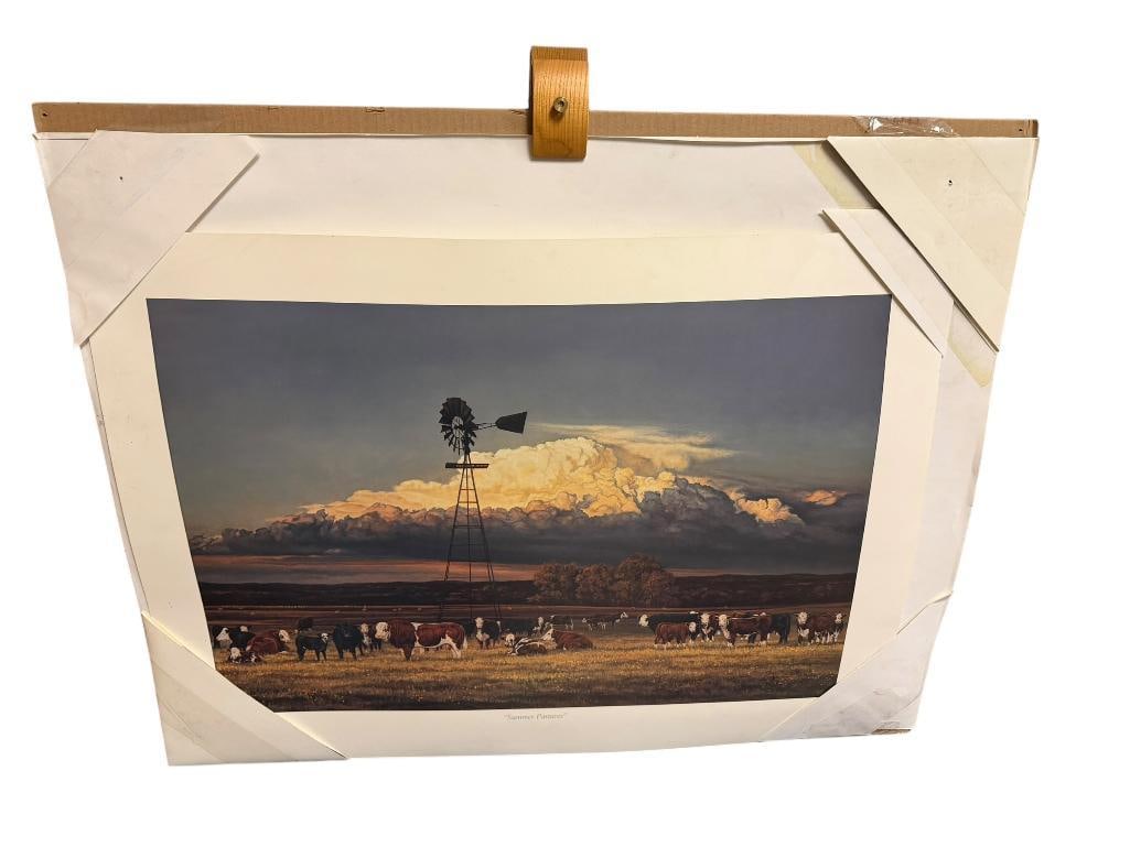" SUMMER PASTURES " SIGNED AND NUMBERED LIMITED-EDITION PRINT BY BONNIE MOHR: DEPICTS COWS IN A COUNTRYSIDE PASTURE WITH WINDMILL, SIGNED BY ARTIST IN LOWER RIGHT AND NUMBERED 2118/2450 28" X 20" PRINT