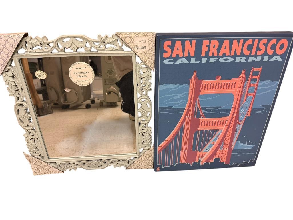 SAN FRANCISCO CALIFORNIA GOLDEN GATE BRIDGE CANVAS PRINT AND DECORATIVE MIRROR BY SHEFFIELD HOME: MIRROR IS 17 1/2" X 19 1/2"