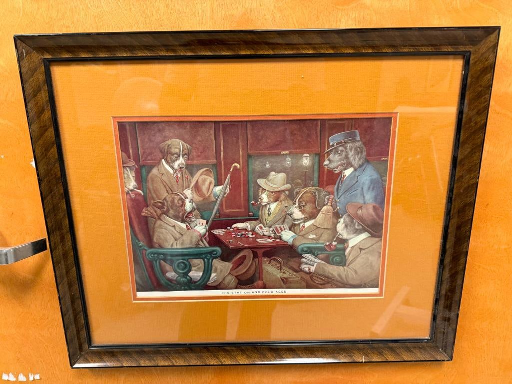" HIS STATION AND FOUR ACES " COMICAL DOGS PLAYING POKER PRINT BY CASSIUS MARCELLUS COOLIDGE:  FRAMED AND DOUBLE MATTED, INCLUDES ARTIST LABEL AND INFO ON BACK FROM ARTIQUES OF SAN FRANCISCO, CALIFORNIA 22" X 18"