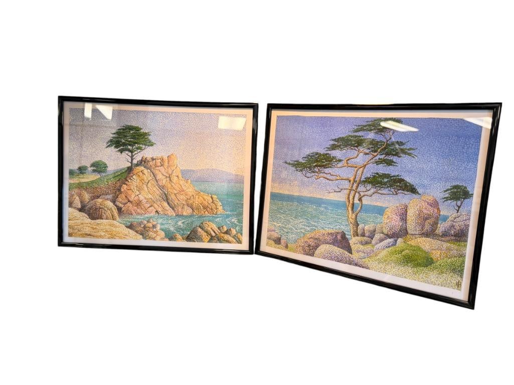 KEITH HARRINGTON EAST AFRICA ARTIST FROM KENYA POINTILLISM PRINTS CYPRESS TREE AND CYPRESS POINT: 9" X 12" FRAMED
