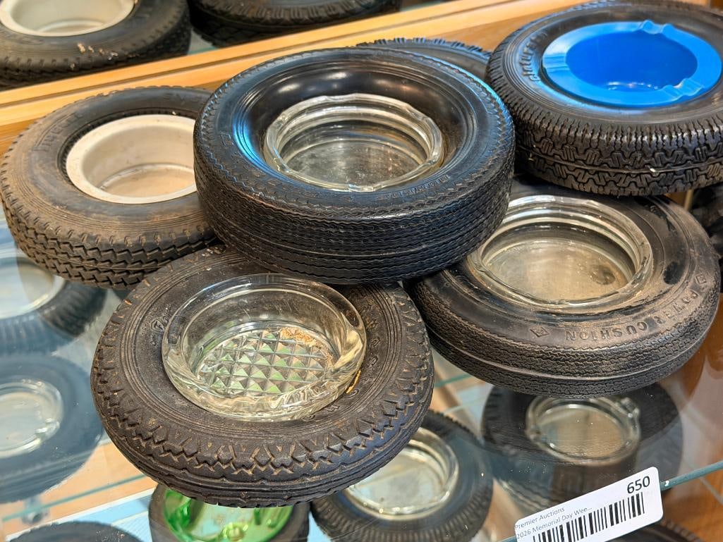 EIGHT VINTAGE AUTOMOTIVE SHOP RUBBER TIRE ADVERTISMENT ASHTRAYS WITH GLASS LINERS - 2