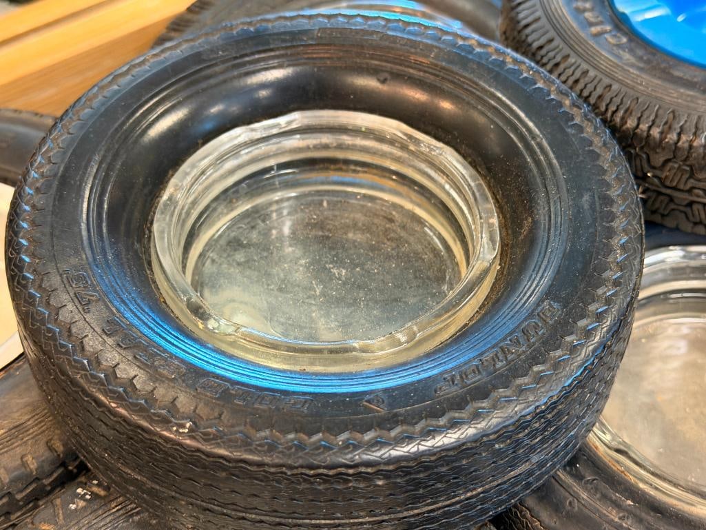 EIGHT VINTAGE AUTOMOTIVE SHOP RUBBER TIRE ADVERTISMENT ASHTRAYS WITH GLASS LINERS - 3