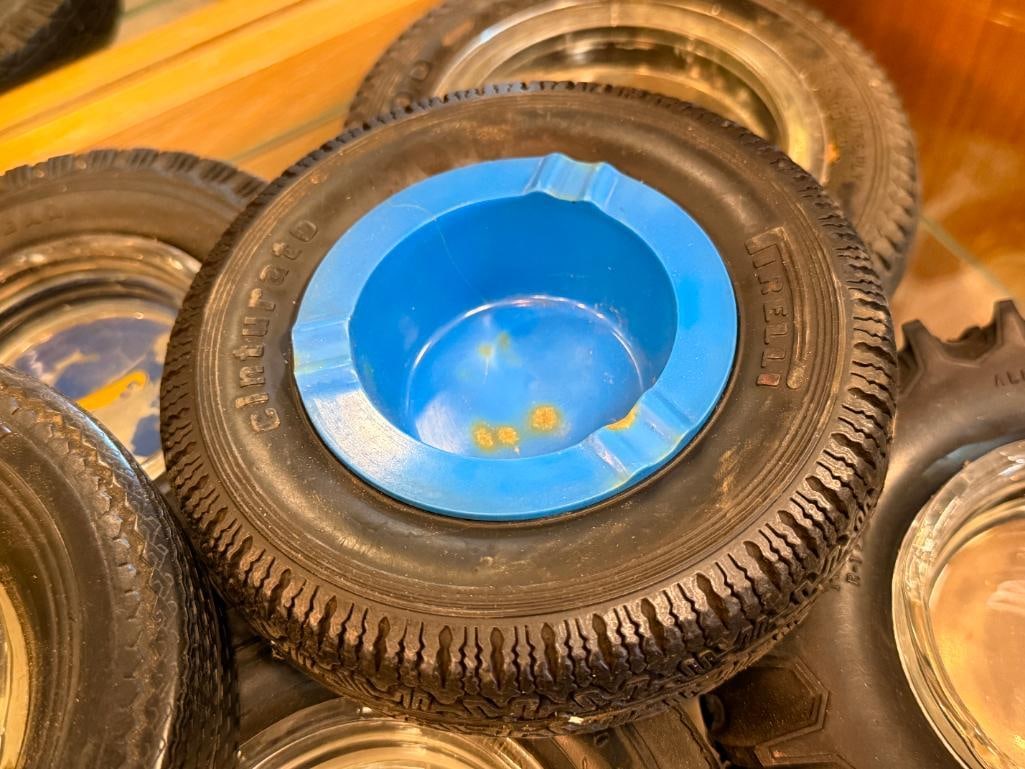 EIGHT VINTAGE AUTOMOTIVE SHOP RUBBER TIRE ADVERTISMENT ASHTRAYS WITH GLASS LINERS - 4