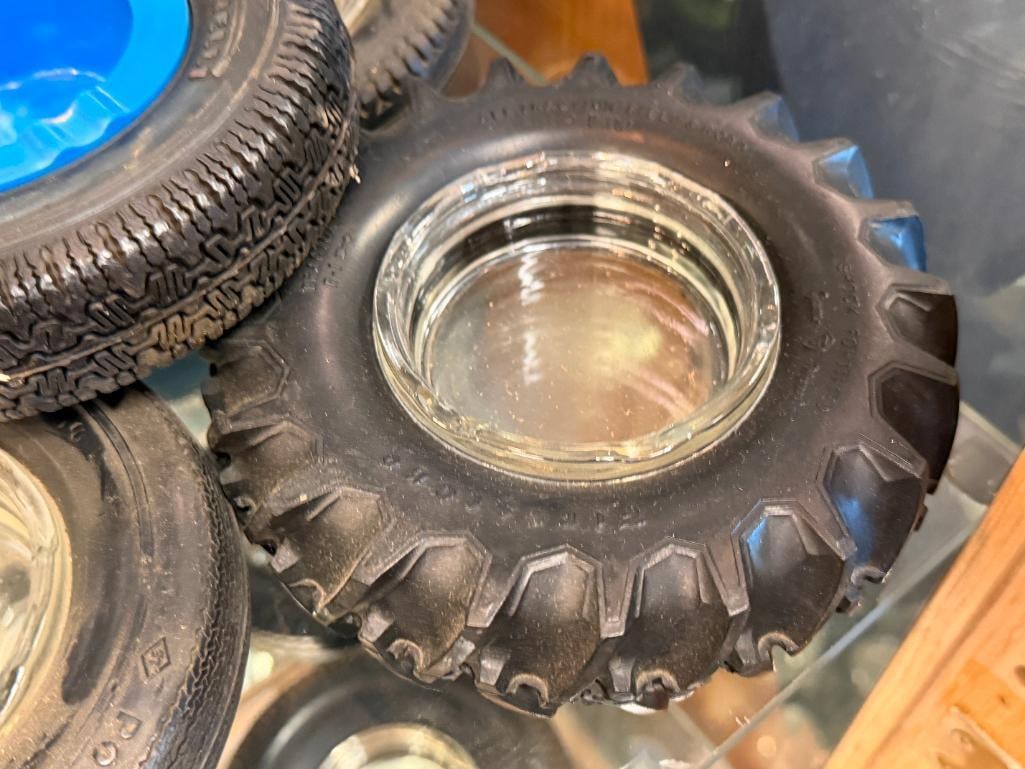 EIGHT VINTAGE AUTOMOTIVE SHOP RUBBER TIRE ADVERTISMENT ASHTRAYS WITH GLASS LINERS - 5