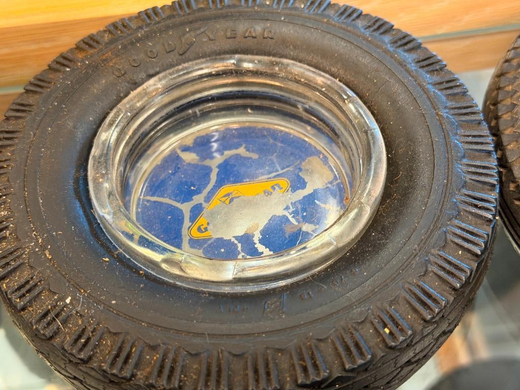 EIGHT VINTAGE AUTOMOTIVE SHOP RUBBER TIRE ADVERTISMENT ASHTRAYS WITH GLASS LINERS - 6