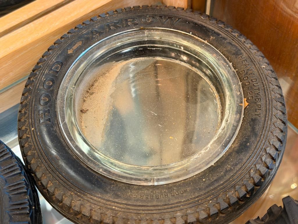EIGHT VINTAGE AUTOMOTIVE SHOP RUBBER TIRE ADVERTISMENT ASHTRAYS WITH GLASS LINERS - 7