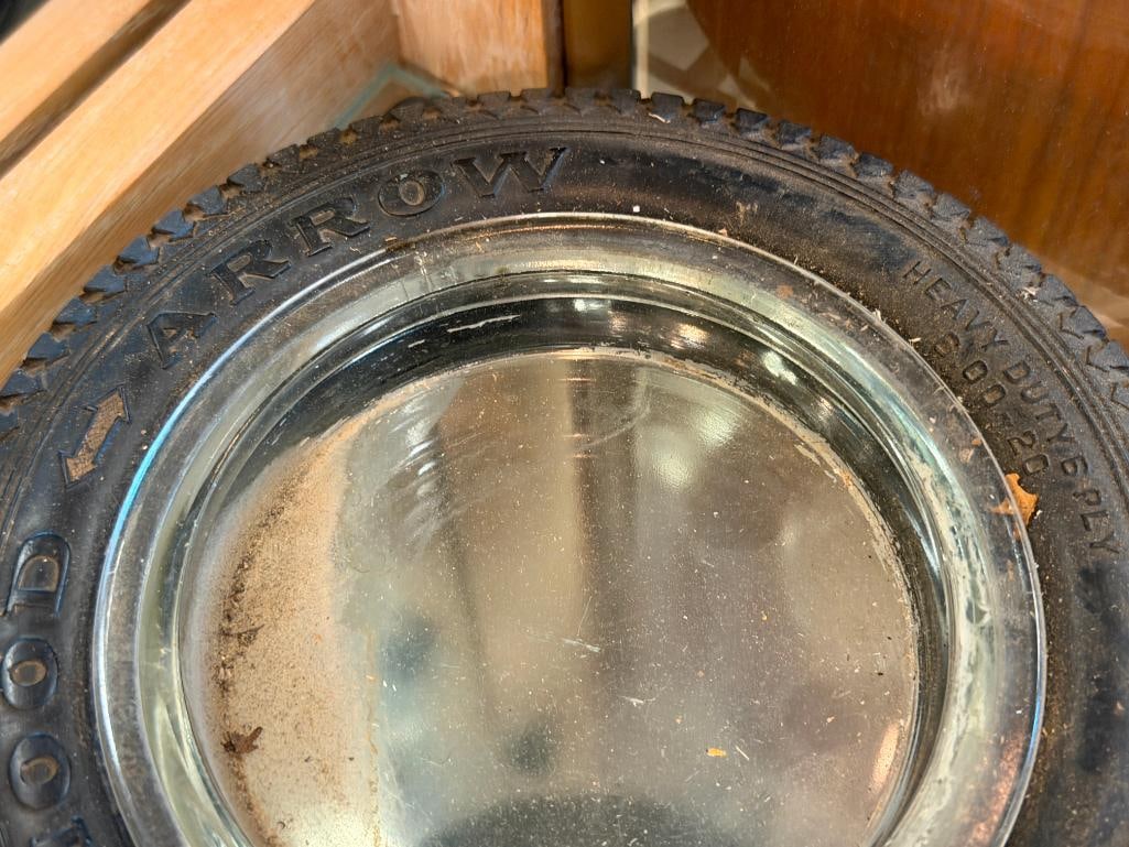 EIGHT VINTAGE AUTOMOTIVE SHOP RUBBER TIRE ADVERTISMENT ASHTRAYS WITH GLASS LINERS - 8