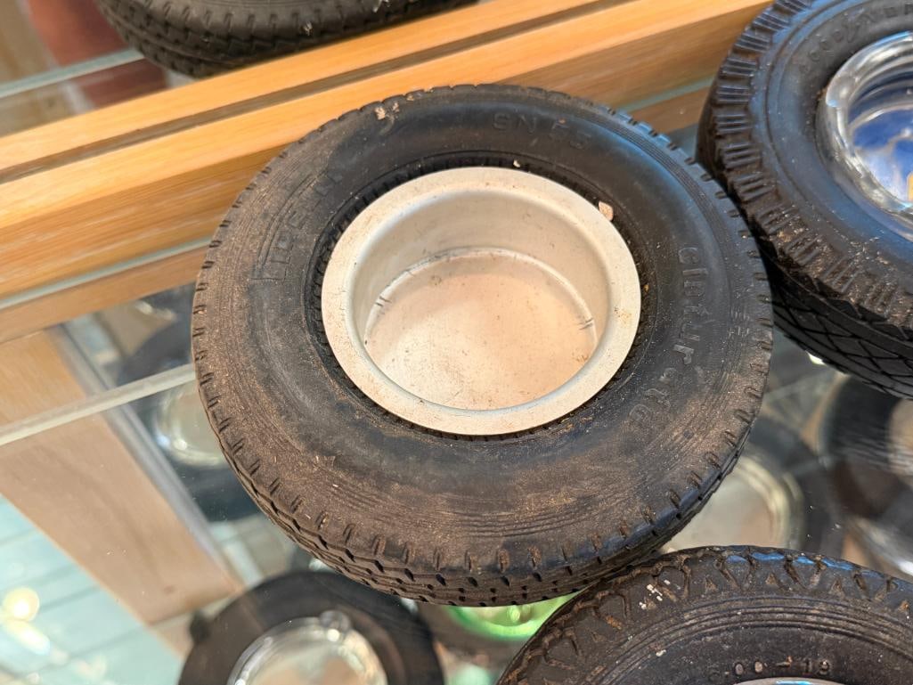 EIGHT VINTAGE AUTOMOTIVE SHOP RUBBER TIRE ADVERTISMENT ASHTRAYS WITH GLASS LINERS - 9