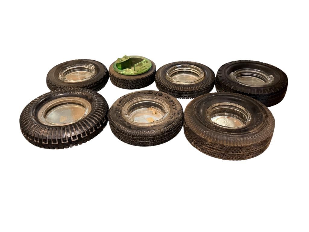 SEVEN VINTAGE AUTOMOTIVE SHOP ADVERTISMENT RUBBER TIRE ASH TRAYS (1 of 10)
