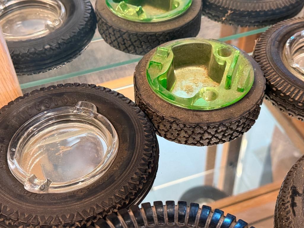 SEVEN VINTAGE AUTOMOTIVE SHOP ADVERTISMENT RUBBER TIRE ASH TRAYS - 2