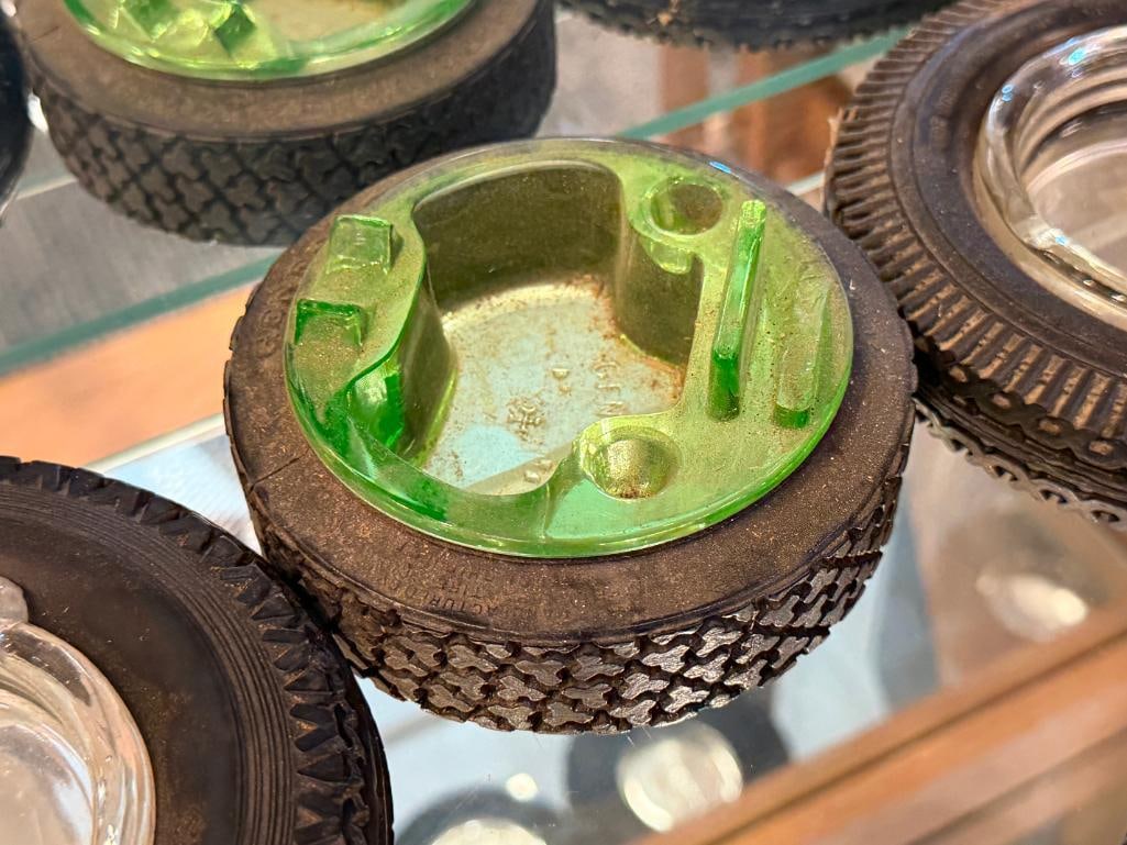 SEVEN VINTAGE AUTOMOTIVE SHOP ADVERTISMENT RUBBER TIRE ASH TRAYS - 3