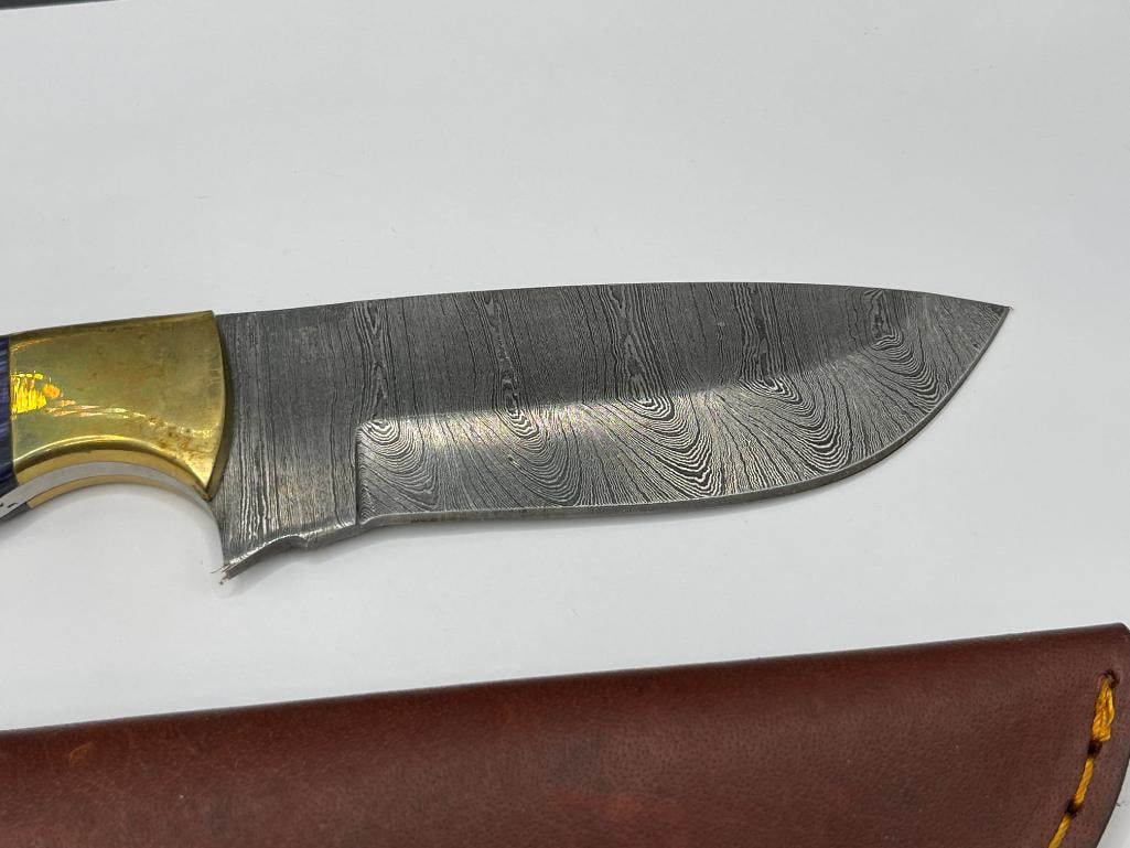 DAMSCUS STEEL DESIGN FULL TANG FIXED BLADE KNIFE WITH DYED PURPLE WOOD HANDLE - 2