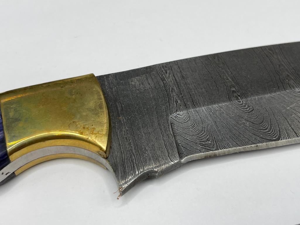 DAMSCUS STEEL DESIGN FULL TANG FIXED BLADE KNIFE WITH DYED PURPLE WOOD HANDLE - 3