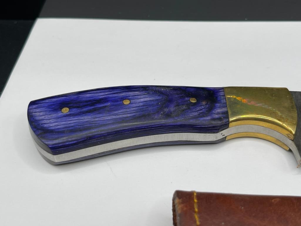 DAMSCUS STEEL DESIGN FULL TANG FIXED BLADE KNIFE WITH DYED PURPLE WOOD HANDLE - 4