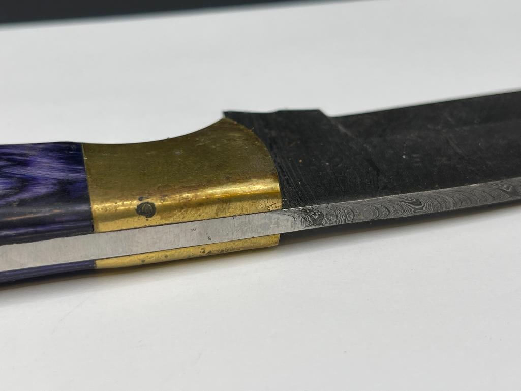 DAMSCUS STEEL DESIGN FULL TANG FIXED BLADE KNIFE WITH DYED PURPLE WOOD HANDLE - 6