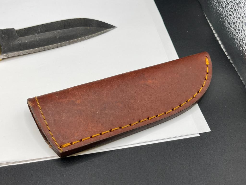 DAMSCUS STEEL DESIGN FULL TANG FIXED BLADE KNIFE WITH DYED PURPLE WOOD HANDLE - 7