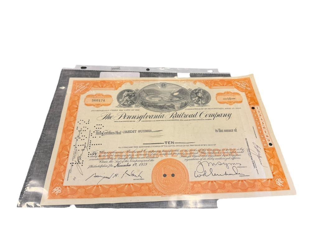 1959 PENNSYLVANIA RAILROAD COMPANY 10 SHARES STOCK CERTIFICATE: # S60174, DIVIDEND CLAIMED IN 1959, 1960, AND 1961 12" X 8"