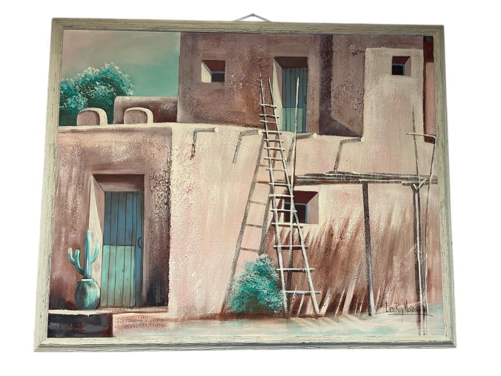 LEE REYNOLDS BURR LARGE PAINTING ON CANVAS PUEBLO SCENE ADOBE ARCHITECTURE: LEE REYNOLDS BURR (1936 B.) INFLUENTIAL ARTIST KNOWN FOR HIS VIBRANT PAINTINGS, SIGNED LOWER RIGHT, 3/4" TEAR NEAR TOP CENTER, FRAMED 53" X 43" FRAME