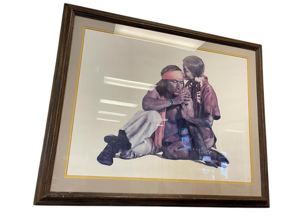 POPO & RUBY LEE MARRIED COUPLE DUO LIMITED EDITION PRINT TITLED GOLDEN MORNING NO. 64/750: POPO & RUBY LEE LIMITED EDITION PRINT, ART DEPICTS NATIVE AMERICAN COUPLE, SIGNED LOWER RIGHT, FRAMED 44" X 36" 