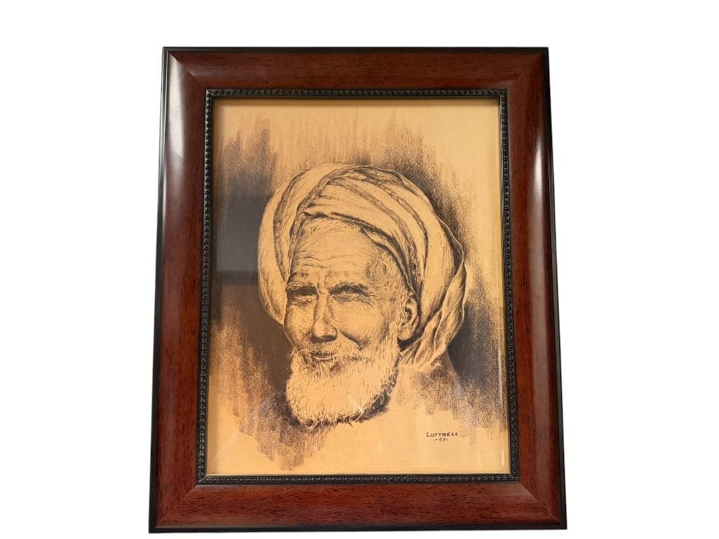 PRINT OF MIDDLE EASTERN MAN WITH TURBAN "LUTTRELL 57": FRAMED, PENCIL SKETCH DESIGN PRINT 14" X 17" FRAME