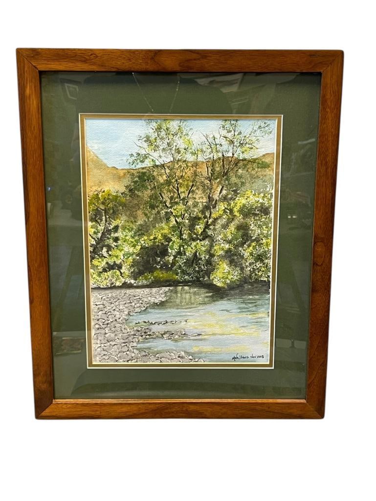 MELANIE WALTERS CALIFORNIA / NEVADA ARTIST ORIGINAL WATERCOLOR ON PAPER TRUCKEE RIVER: MELANIE WALTERS CALIFORNIA / NEVADA ARTIST ORIGINAL WATERCOLOR ON PAPER, ART DEPICTS SCENE ALONG THE TRUCKEE RIVER, SIGNED LOWER RIGHT DATED NOV. 2018, FRAMED 15 1/2" X 19 1/8"