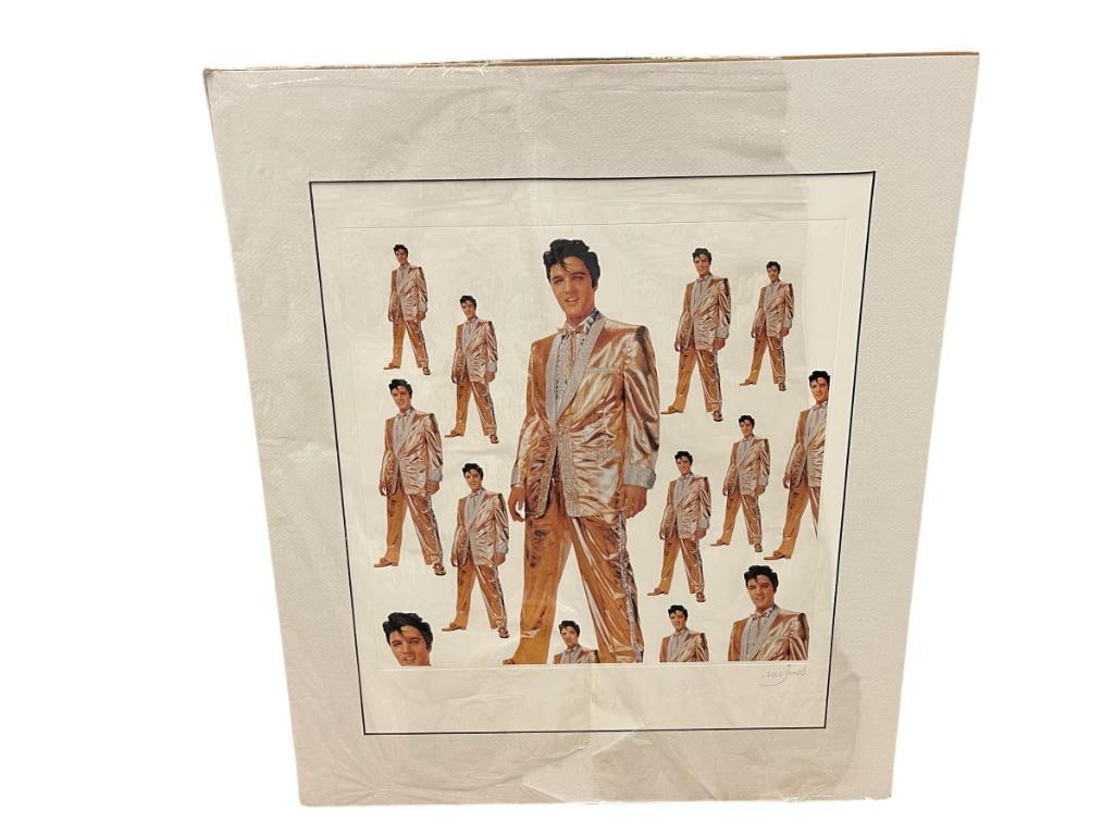 BOB JONES SIGNED LITHOGRAPHICPRINT 1990 50,000,000 ELVIS FANS CAN'T BE WRONG: PUBLISHED BY RECORD ART, ART DEPICTS MULTIPLE ELVIS IN GOLD SUIT, SIGNED LOWER RIGHT, CERTIFICATE ON THE BACK 24 1/2" X 28 1/2" MATTED