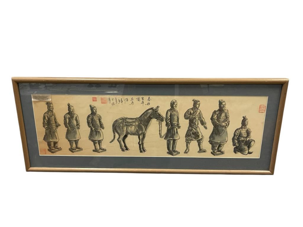20TH CENTURY CHINESE TERRA COTTA ARMY WATERCOLOR ON SILK: ART DEPICTS SEVEN TERRA COTTA ARMY SOLDIERS AND TANG HORSE, SIGNED WITH FOUR RED SEALS WITH SCRIPTURE ALONG THE TOP CENTER, FRAMED 39" X 15"