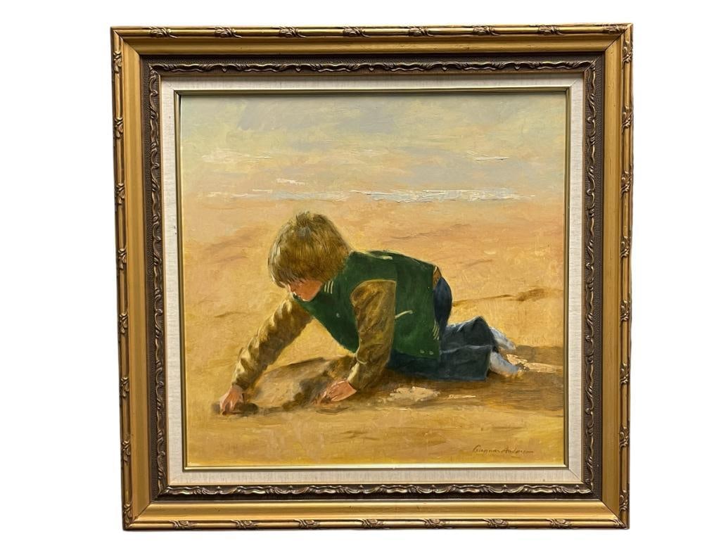 GUNNAR ANDERSON CALIFORNIA ARTIST ORIGINAL OIL ON BOARD TITLED A BUSY DAY: GUNNAR ANDERSON (1927-2022) WAS AN ARTIST AND EDUCATOR BORN IN CALIFORNIA AND STUDIED IN SWEDEN FOR A SHORT PERIOD IN HIS YOUTH, ART DEPICTS A YOUNG BOY PLAYING ON A BEACH, SIGNED LOWER RIGHT, FRAMED
