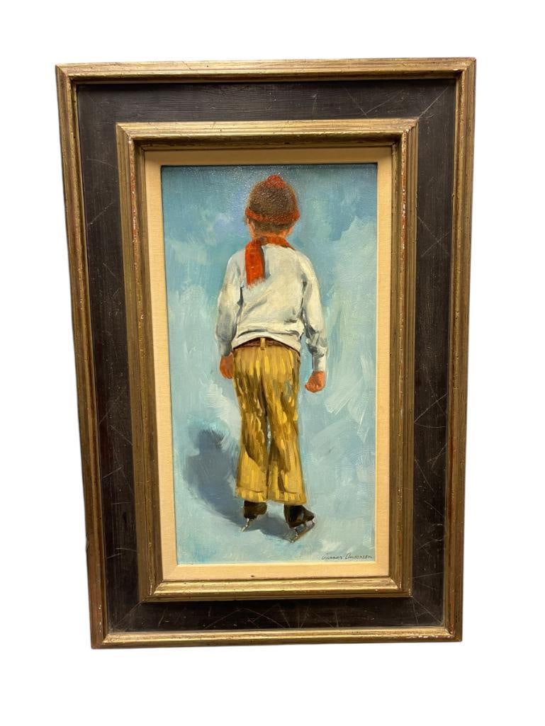 GUNNAR ANDERSON CALIFORNIA ARTIST ORIGINAL OIL ON MASONITE BOARD TITLED NOVICE: GUNNAR ANDERSON (1927-2022) WAS AN ARTIST AND EDUCATOR BORN IN CALIFORNIA AND STUDIED IN SWEDEN FOR A SHORT PERIOD IN HIS YOUTH, ART DEPICTS YOUNG BOY IN ICE SKATES, SIGNED LOWER RIGHT, ART HAS TAG