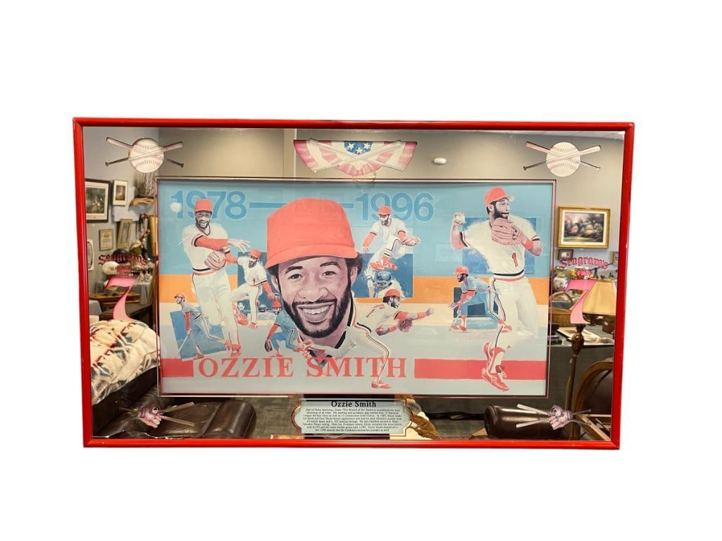 2002 SEAGRAMS 7 CROWN MIRRORED PROMOTIONAL BAR SIGN WITH OZZIE SMITH HALL OF FAME BASEBALL PLAYER: ART DEPICTS COLLAGE OF PLAYER, MIRRORED BORDER, CRACK BOTTOM LEFT CORNER, FRAMED 40" X 24" FRAME