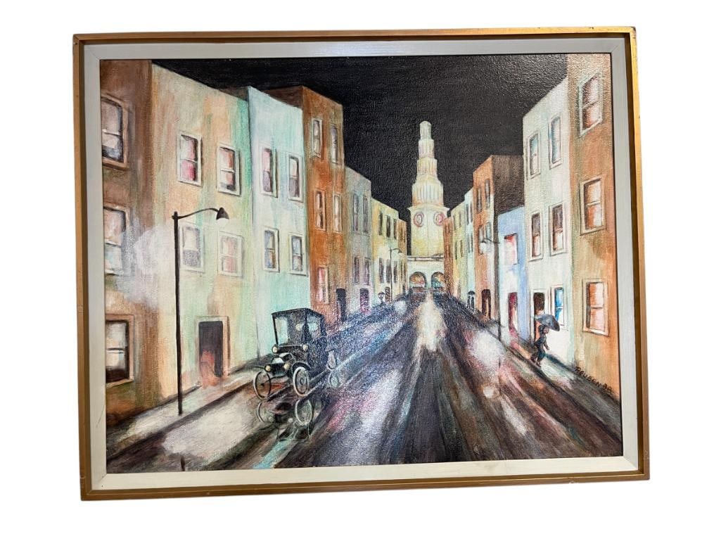 REUBEN SIGNED ORIGINAL WATERCOLOR ON BOARD CITY SCENE PAINTING: ART DEPICTS EARLY 1920'S VEHICLE DRIVING THROUGH TOWN WITH DARK SKY, SIGNED LOWER RIGHT, FRAMED 32 1/2" X 27" FRAME