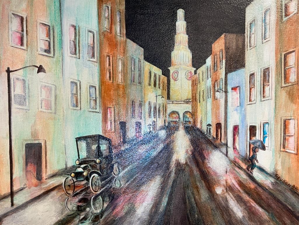 REUBEN SIGNED ORIGINAL WATERCOLOR ON BOARD CITY SCENE PAINTING - 2