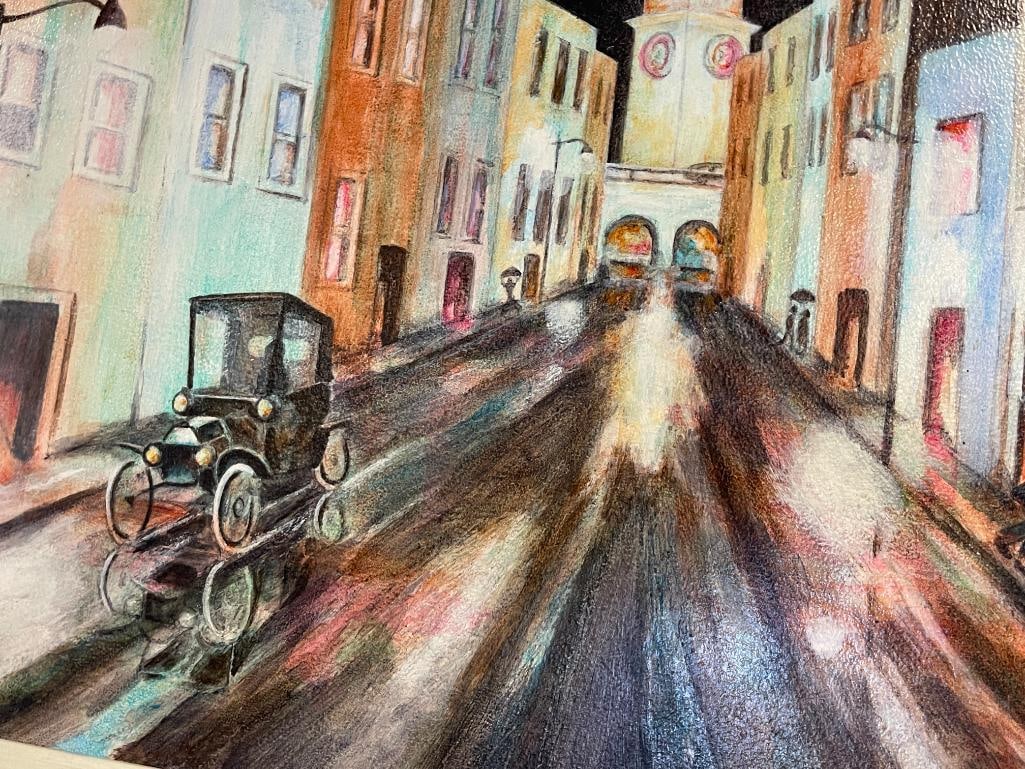 REUBEN SIGNED ORIGINAL WATERCOLOR ON BOARD CITY SCENE PAINTING - 3