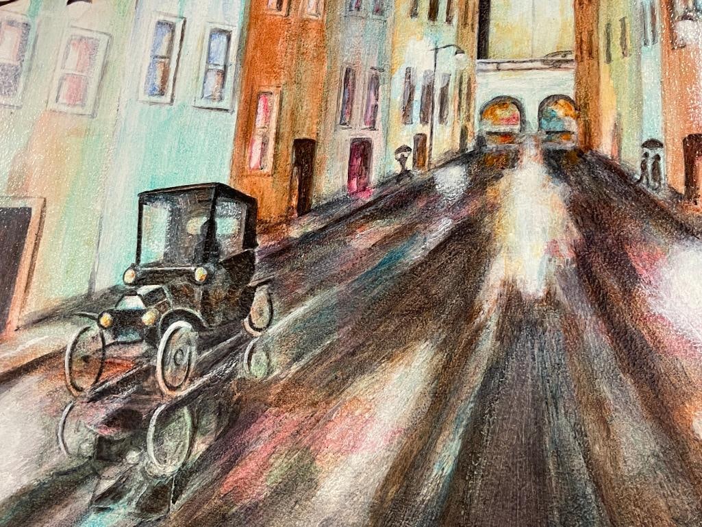 REUBEN SIGNED ORIGINAL WATERCOLOR ON BOARD CITY SCENE PAINTING - 4