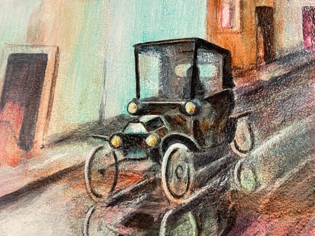 REUBEN SIGNED ORIGINAL WATERCOLOR ON BOARD CITY SCENE PAINTING - 5