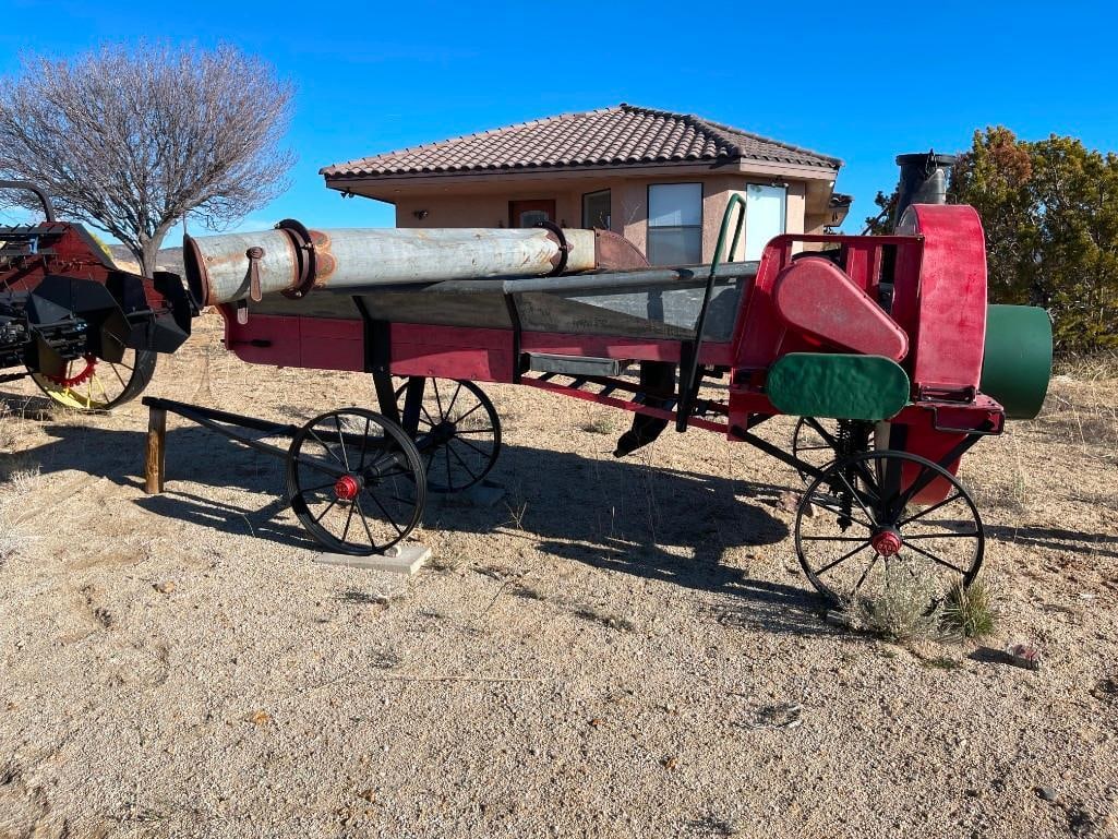 20TH CENTURY CASE PULL-BEHIND AGRICULTURE CONVEYER M14 NO. 420122 MFD. BY J.I. CASE COMPANY: WOOD AND METAL CONVEYOR WITH LONG HOSE FOR TRANSFERRING GRAINS, ORIGINAL MANUFACTURE LABEL PRESENT, HAS BEEN PREVIOUSLY REPAINTED 13" IN LENGTH, 53" WIDE, 21" WHEELS