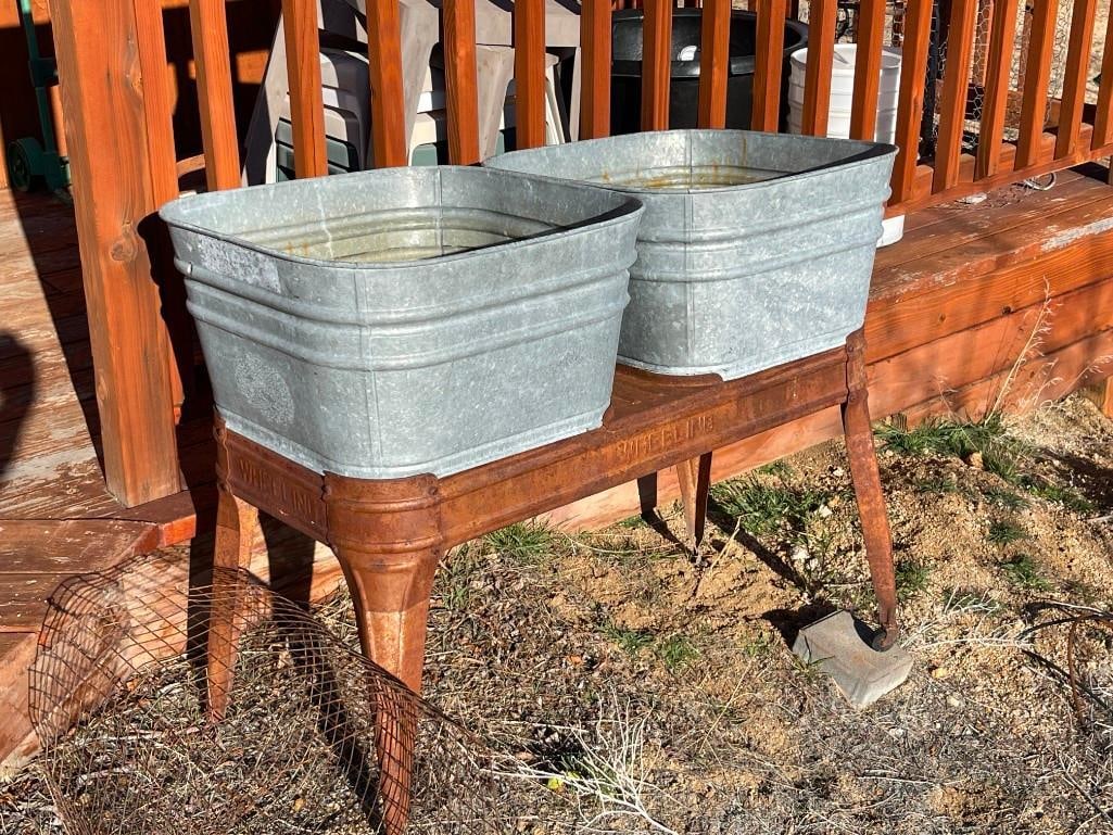 EARLY 20TH CENTURY WHEELING GALVANIZED DOUBLE WASH TUB STAND WITH STAND (1 of 5)