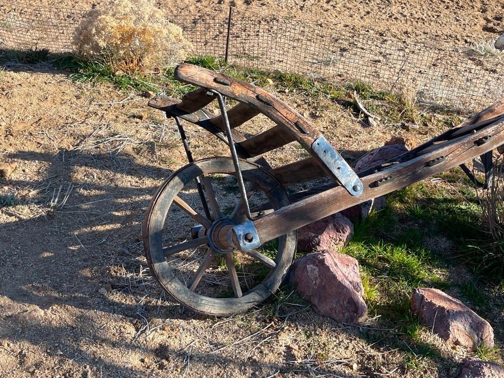 ANTIQUE WOOD AND IRON WHEEL BARROW / MATERIAL HANDLER - 2