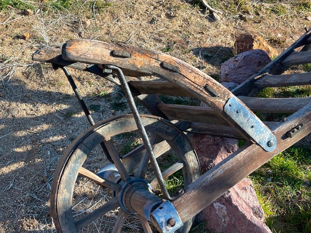 ANTIQUE WOOD AND IRON WHEEL BARROW / MATERIAL HANDLER - 3