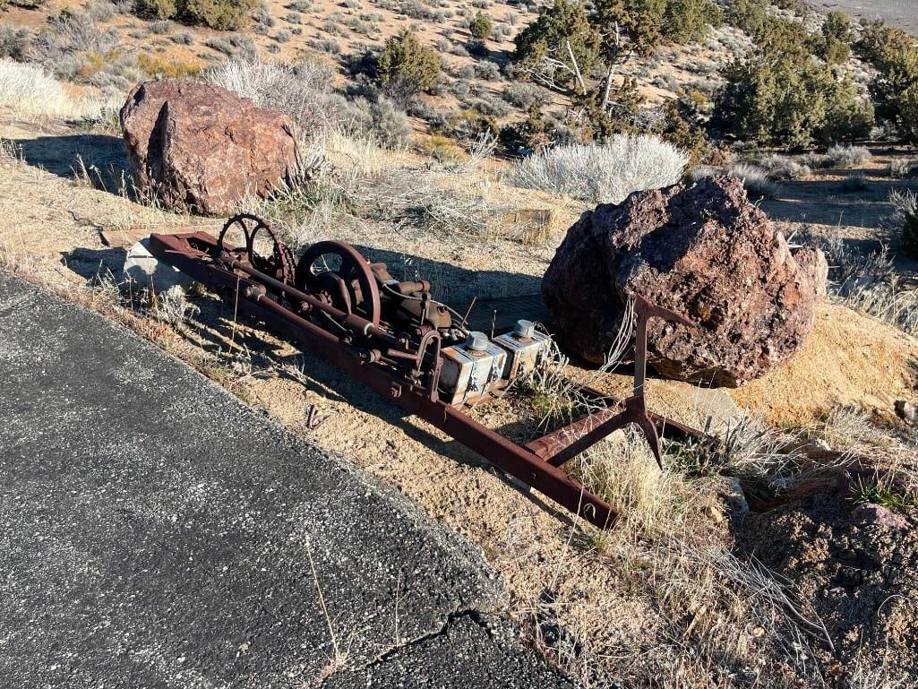 ANTIQUE INDUSTRIAL OR AGRICULTURE DRAGSAW / DRILLING RIG WITH MONTGOMERY WARD MOTOR: HEAVY SURFACE RUST, YARD DECOR / ART 80" LENGTH
