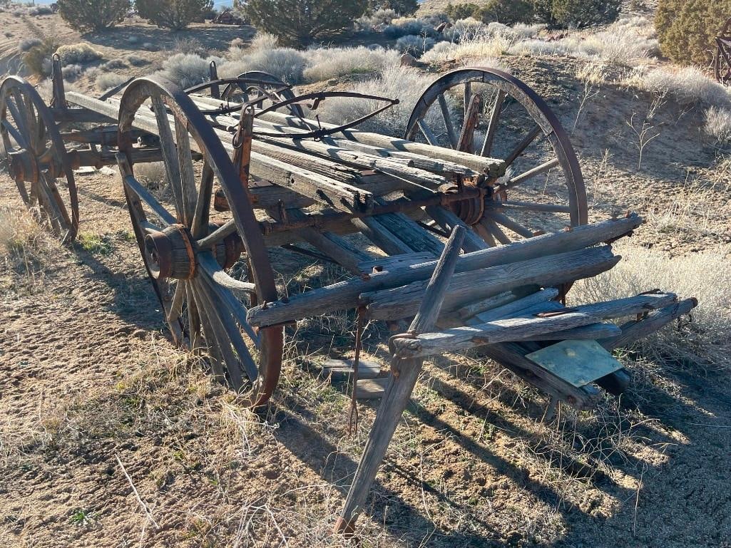 ANTIQUE 19TH CENTURY HORSE DRAWN WAGON FRAME WITH FOUR WAGON WHEELS STILL INTACT - 10