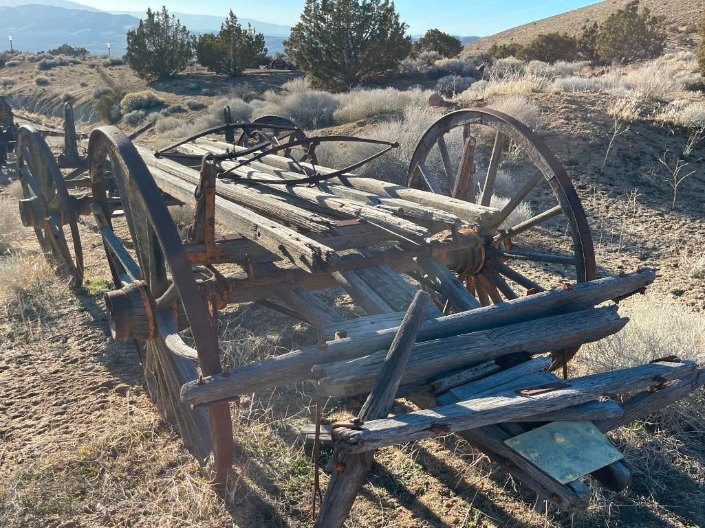ANTIQUE 19TH CENTURY HORSE DRAWN WAGON FRAME WITH FOUR WAGON WHEELS STILL INTACT - 11