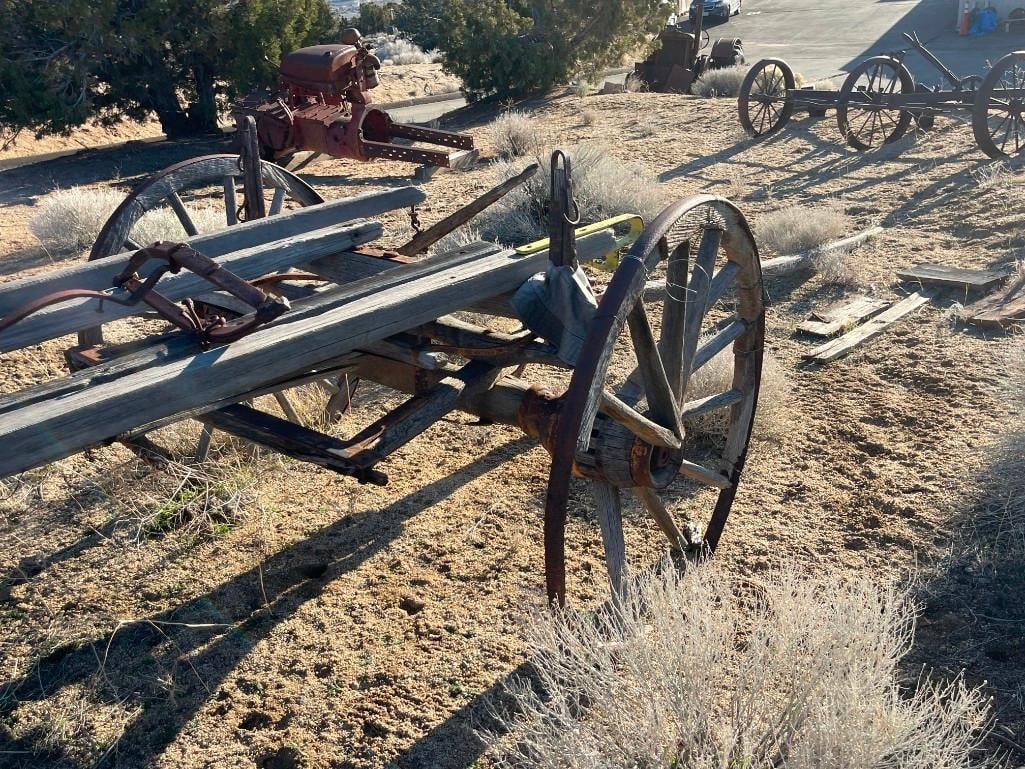 ANTIQUE 19TH CENTURY HORSE DRAWN WAGON FRAME WITH FOUR WAGON WHEELS STILL INTACT - 13