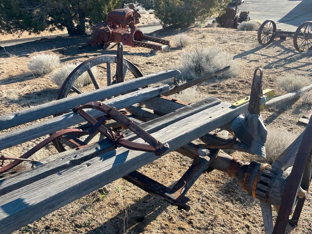 ANTIQUE 19TH CENTURY HORSE DRAWN WAGON FRAME WITH FOUR WAGON WHEELS STILL INTACT - 14