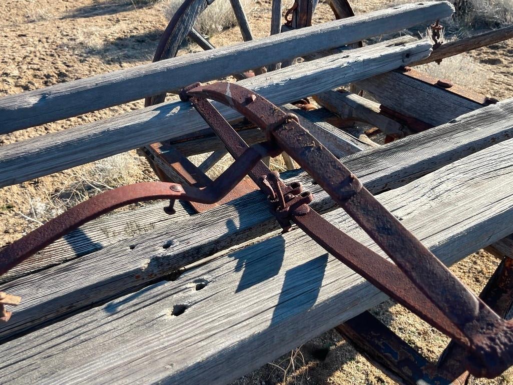 ANTIQUE 19TH CENTURY HORSE DRAWN WAGON FRAME WITH FOUR WAGON WHEELS STILL INTACT - 15