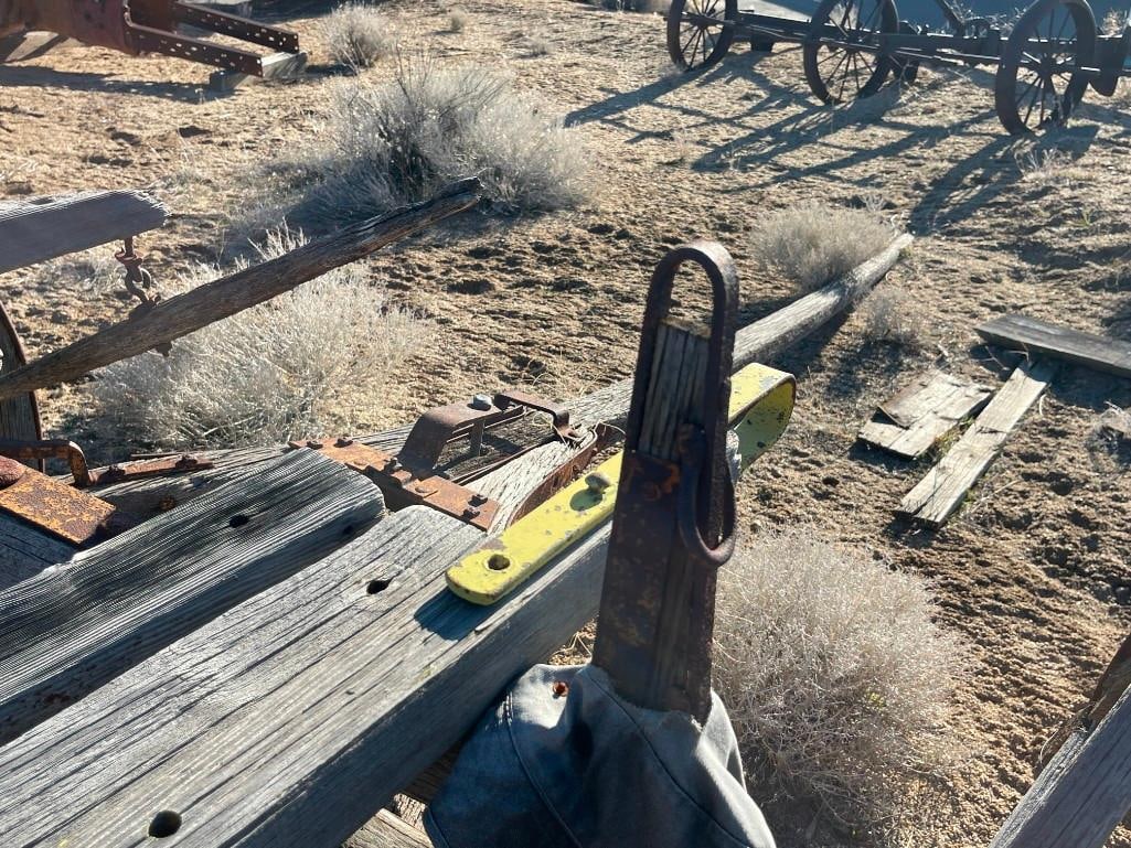 ANTIQUE 19TH CENTURY HORSE DRAWN WAGON FRAME WITH FOUR WAGON WHEELS STILL INTACT - 16