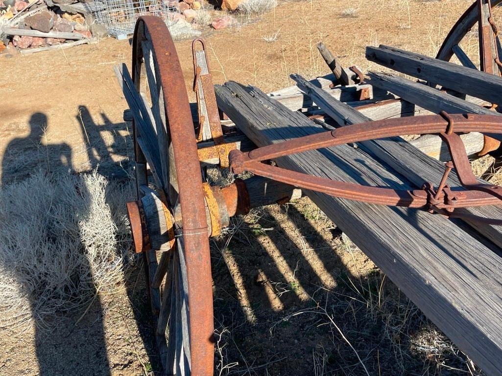 ANTIQUE 19TH CENTURY HORSE DRAWN WAGON FRAME WITH FOUR WAGON WHEELS STILL INTACT - 17