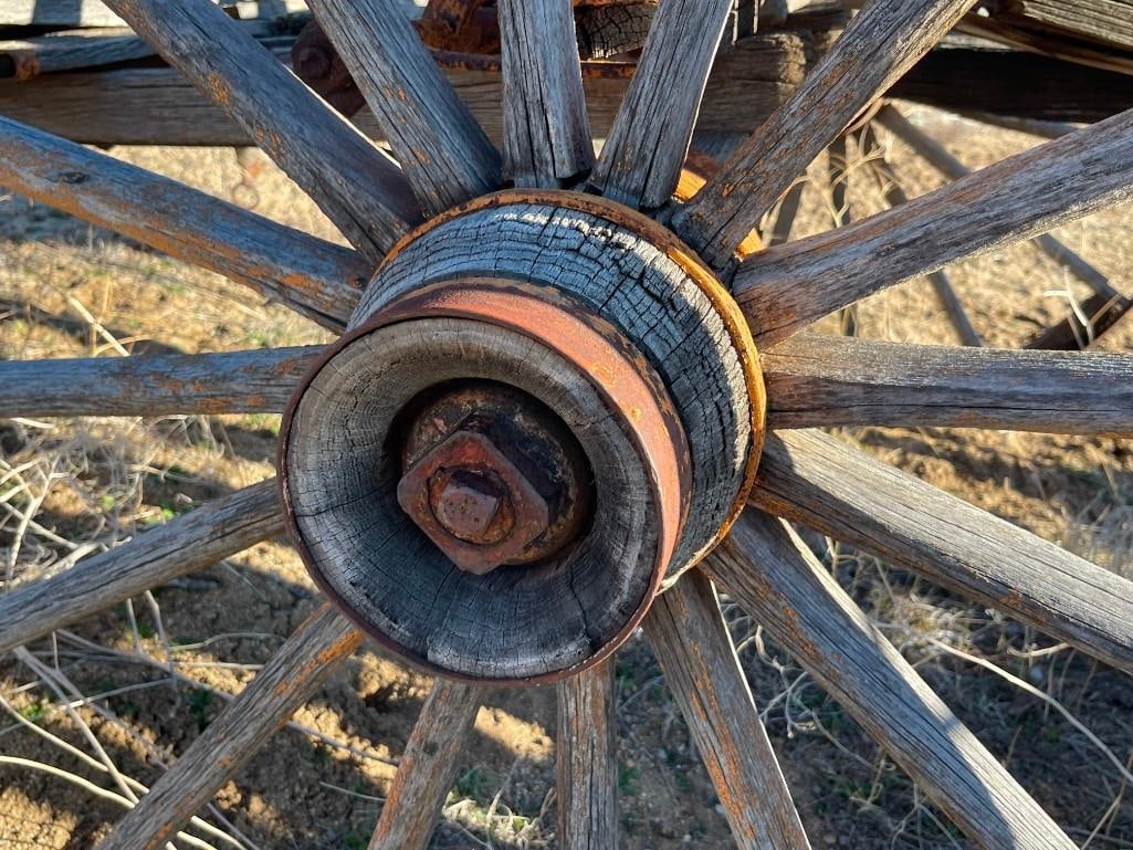 ANTIQUE 19TH CENTURY HORSE DRAWN WAGON FRAME WITH FOUR WAGON WHEELS STILL INTACT - 18